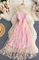 Daisy Flower Print Mesh Dress Two Layers Strap Vacation Midi Dress Beach Vestidos Dress